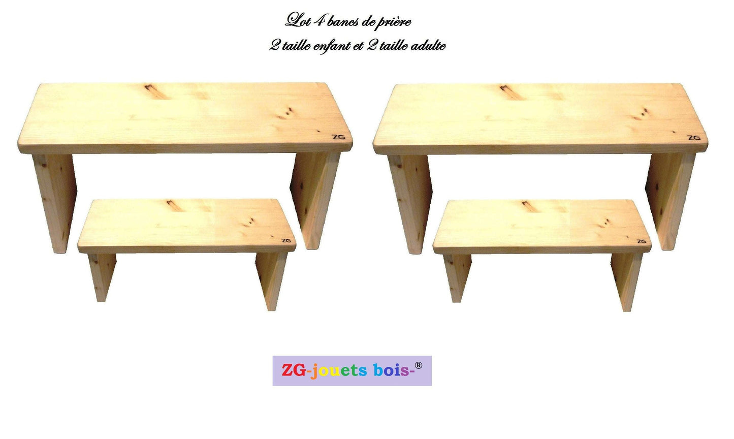 lot familial 4 bancs de prière en pin 2 taille adulte et 2 taille enfant réalisation artisanale française par zg-jouetsbois-