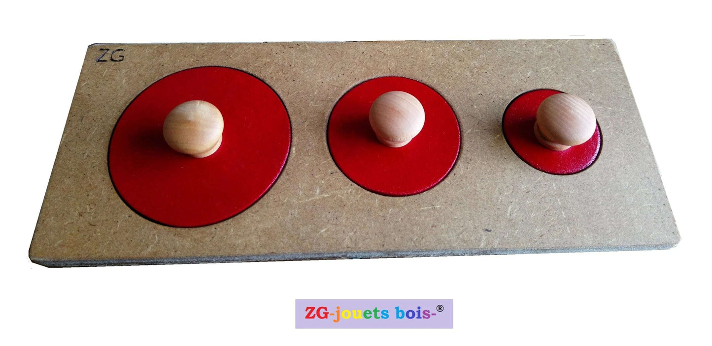puzze montessori 3 cercles rouges, encastrement premier âge nido, fabrication artisanale française ZG-jouetsbois-