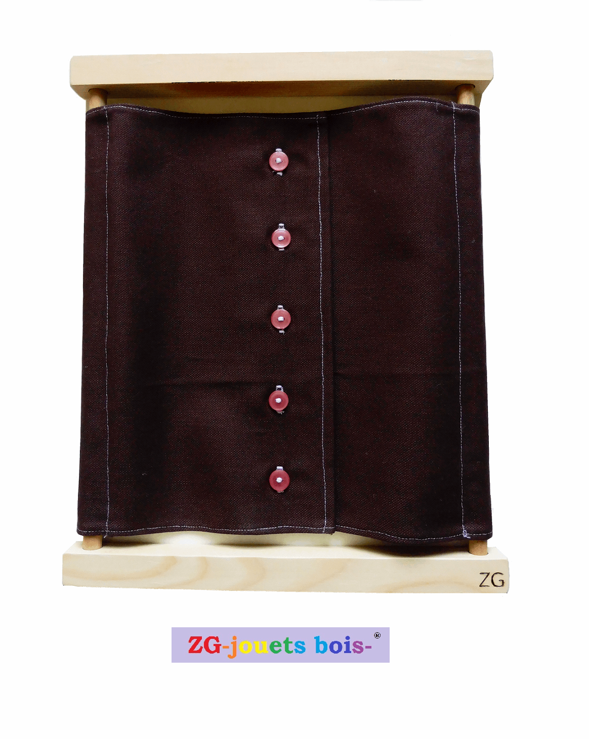 cadre habillage montessori petits boutons roses et tissu 100% coton marron ZG