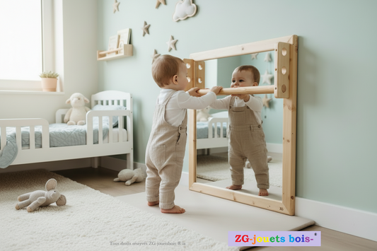 bebe debout devant miroir montessori avec barre de prehension