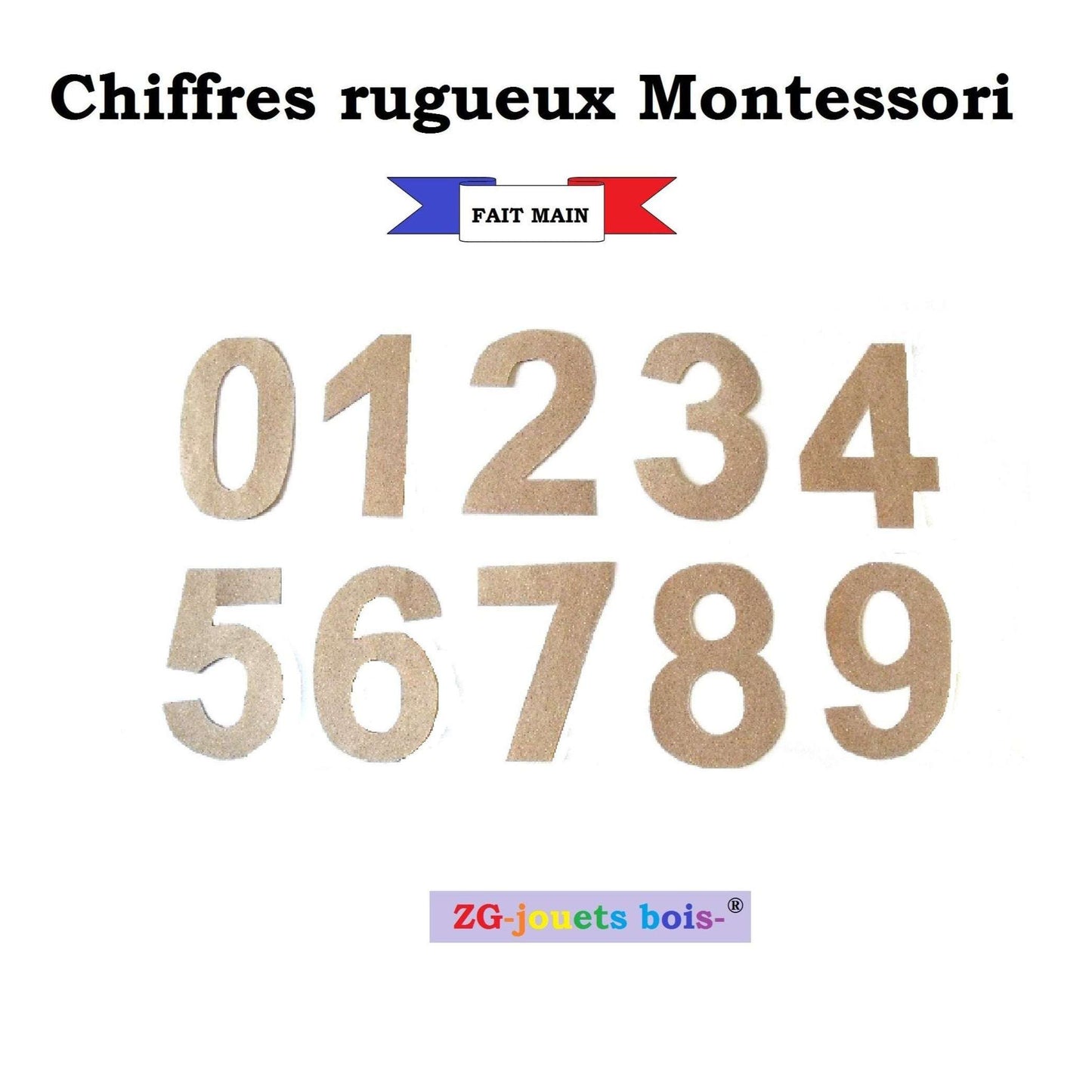 chiffres rugueux anglophones montessori de 0 à 9 découpés par ZG-jouetsbois-