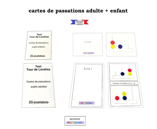 lot cartes passation adulte et enfant test tour de londres avec boule jaune matériel réalisé en france par un artisan zgjouetsbois