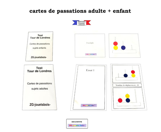 lot cartes passation adulte et enfant test tour de londres avec boule jaune matériel réalisé en france par un artisan zgjouetsbois
