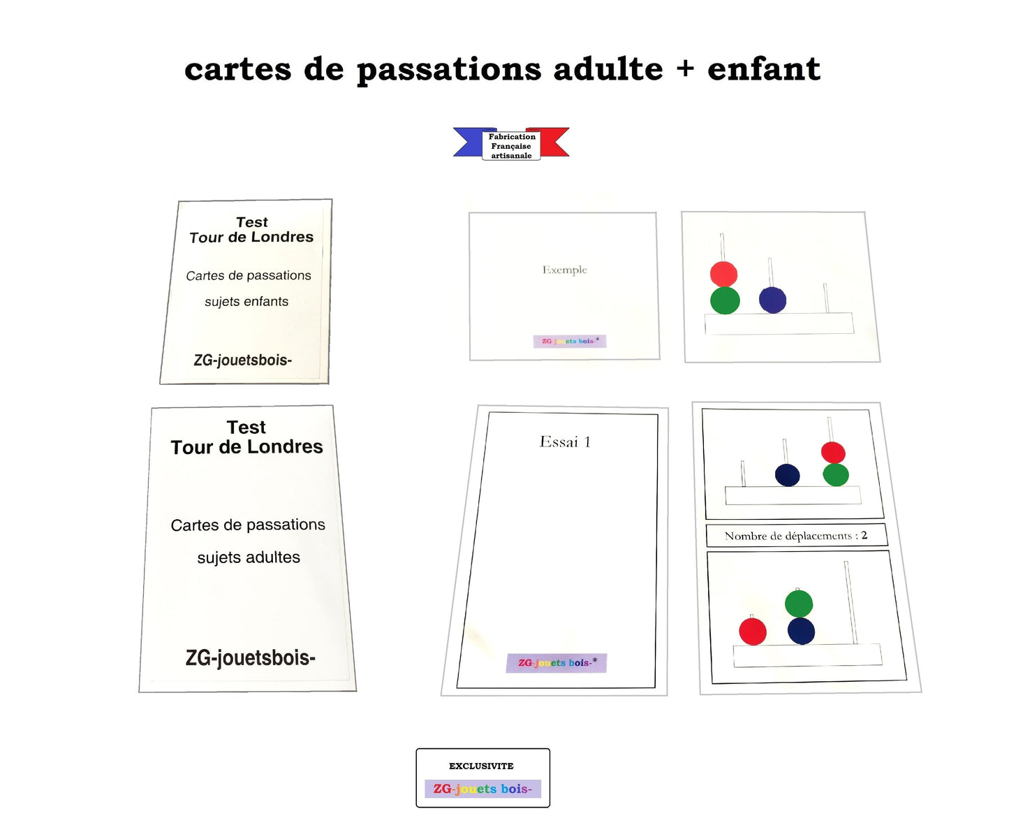 lot cartes passation test tour de londres sujets adultes et enfants avec boule verte fait main en france artisan ZG-jouetsbois-