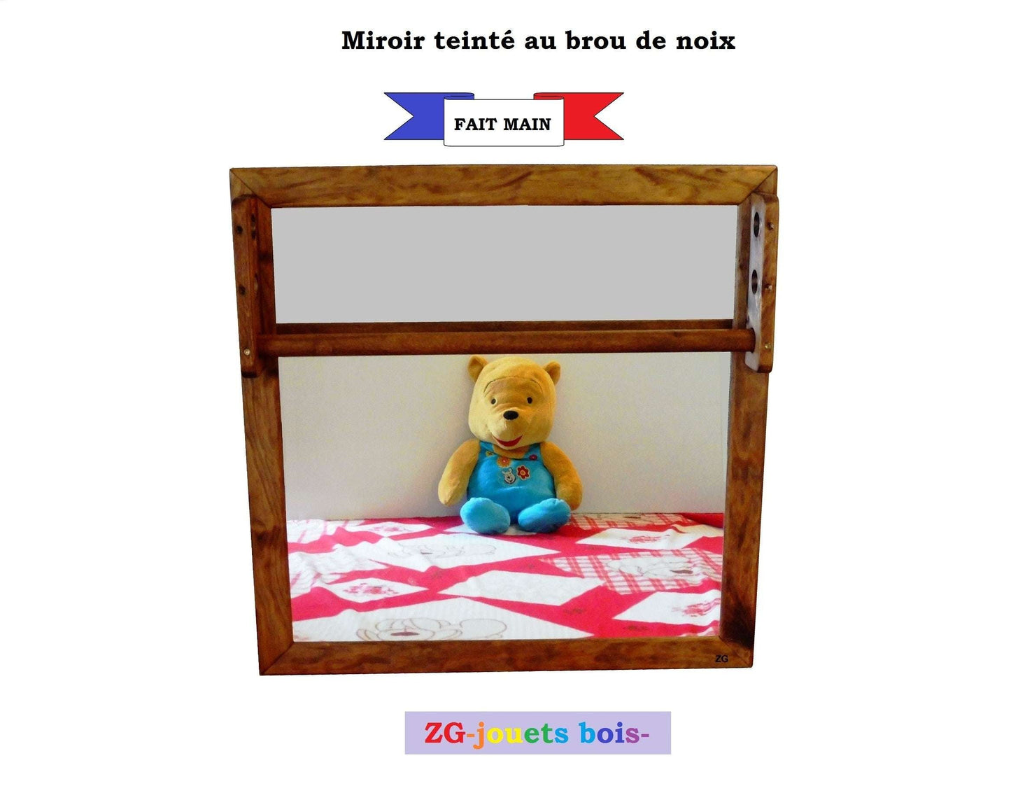 Miroir Montessori 65x65 cm, incassable, avec barre de préhension réglable teinté naturellement