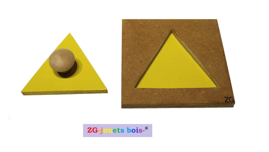 puzzle à forme unique, gros triangle jaune, encastrement nido montessori, fabrication artisanale française ZG-jouetsbois-