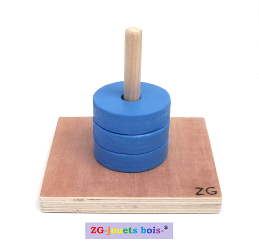 jeu premier âge, nido montessori, encastrement palets même diamètre sur tige verticale, bleu, réalisation artisanale française par ZG-jouetsbois-