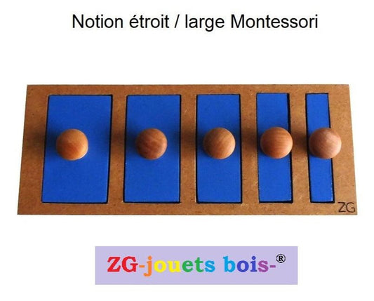 puzzle encastrement premier âge, notion étroit large, pédagogie montessori, jeu d'éveil premier âge, bleu, fabrication exclusive par ZG-jouetsbois- entreprise artisanale française