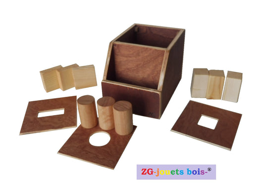 Boite à formes en bois progression montessori, 3 formes géométriques et plaques interchangeables, produit artisanal ZG-jouetsbois-