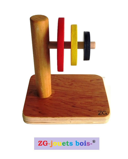 Jeu Encastrement, palets bois peints, tige horizontale, jouet éducatif Montessori, diamètres différents, produit artisanal