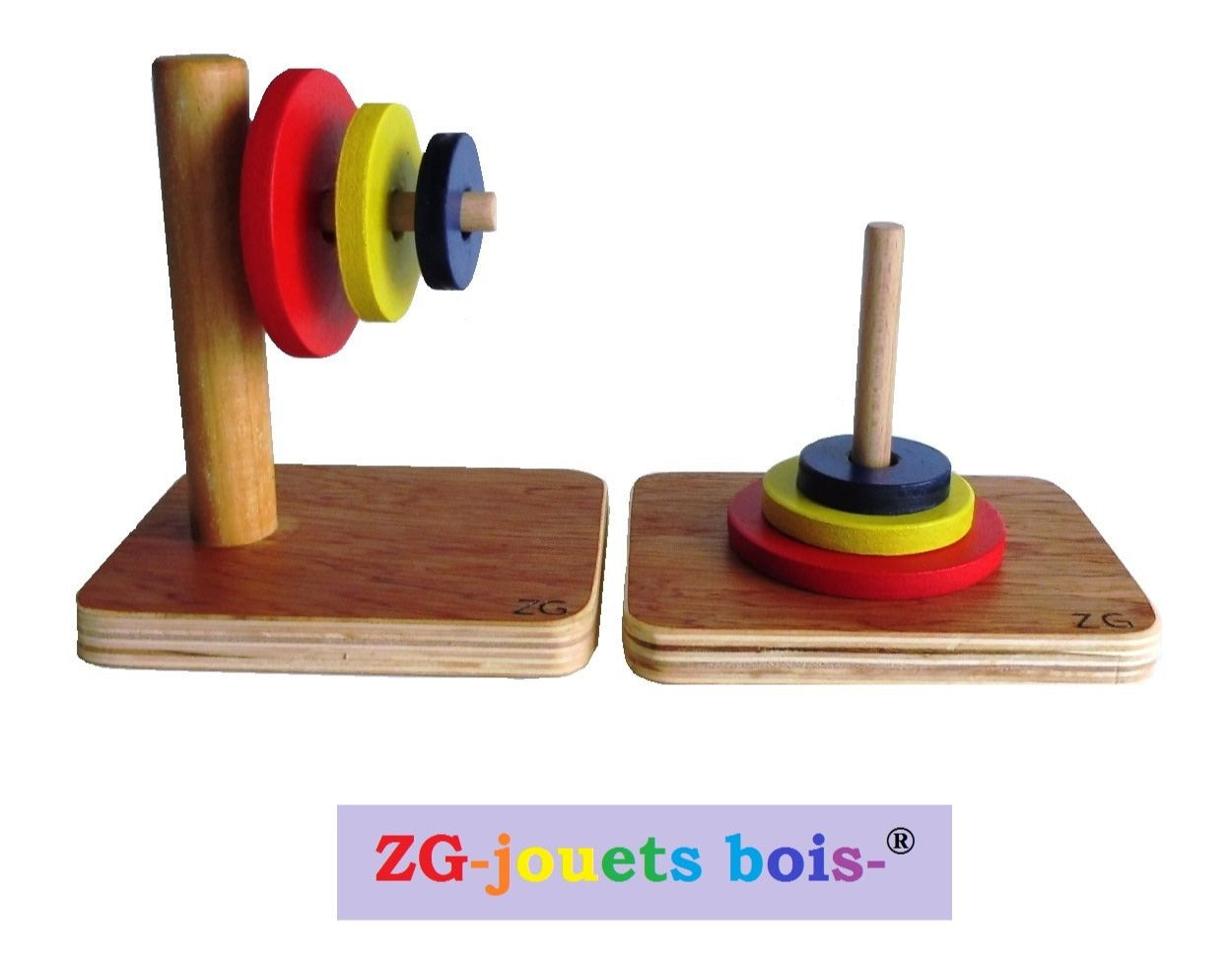 lot de 2 jeux premier âge, nido montessori, 2 encastrements de palets diamètres différents , tige horizontale et verticale, réalisation ZG-jouetsbois- entreprise artisanale française