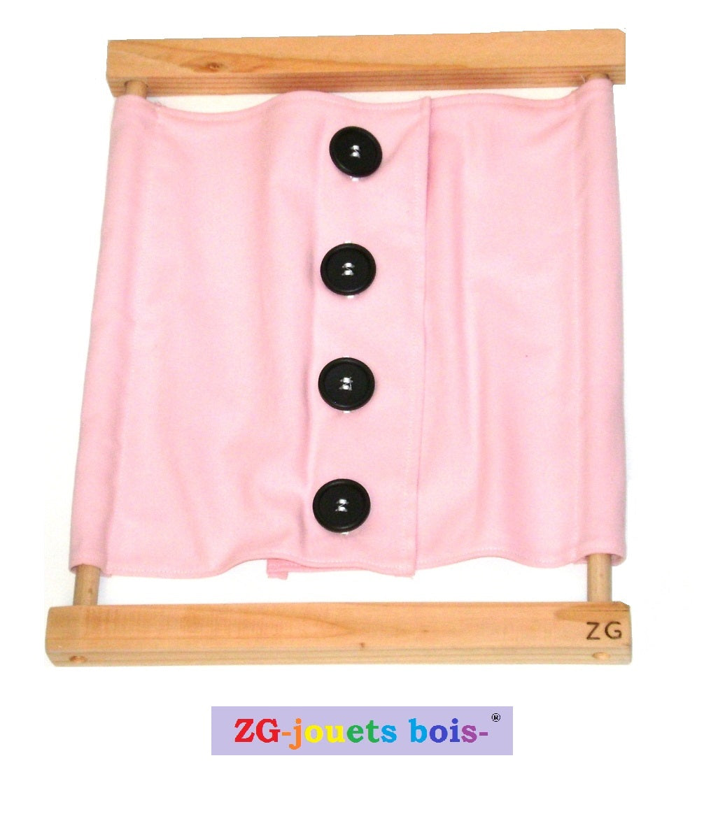 cadre habillage montessori gros boutons noirs et tissu 100% coton rose ZG