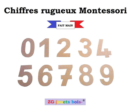 10 chiffres rugueux montessori découpés, 4 et 7 écrit à la française, découpés à la main par ZG-jouetsbois-