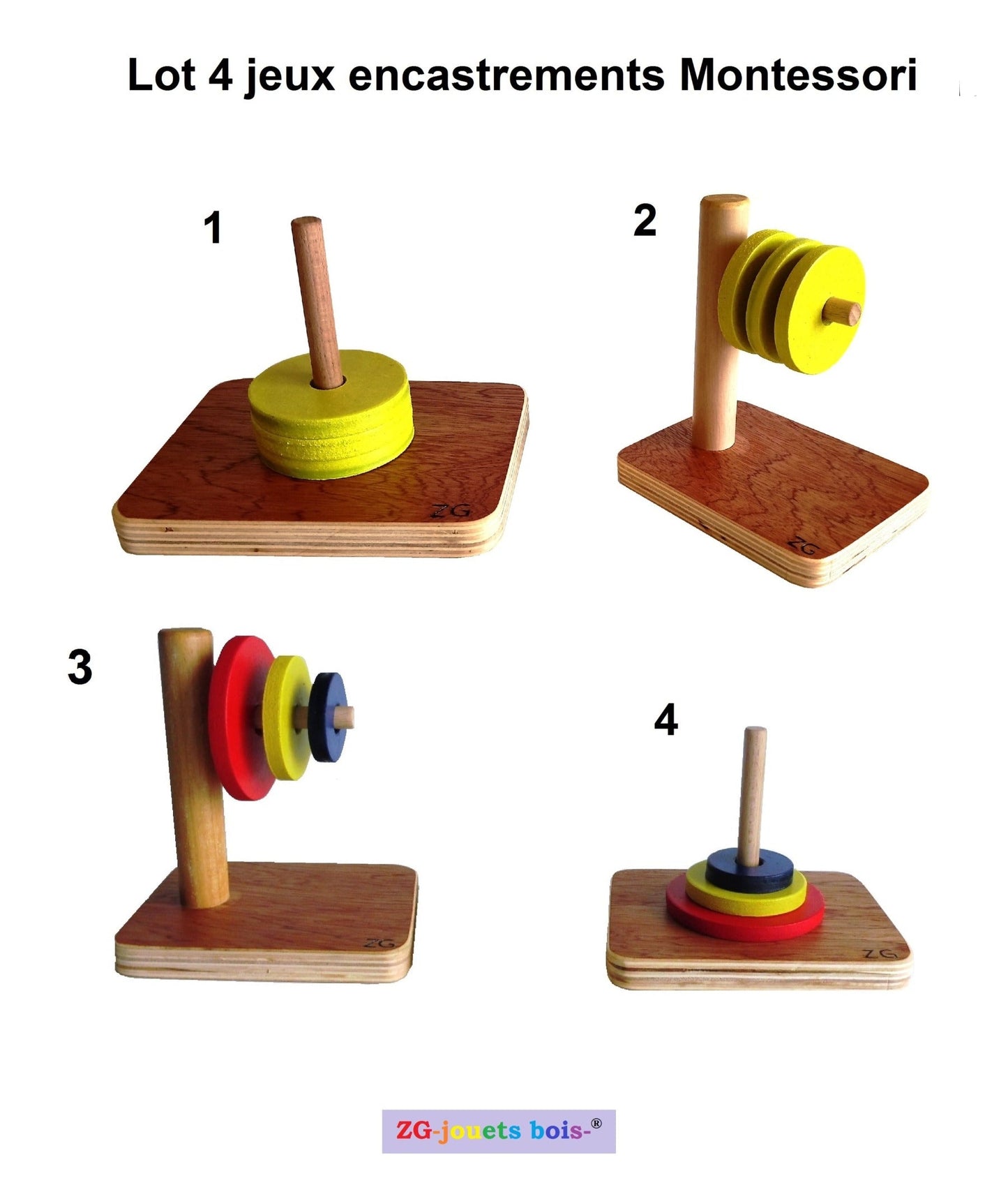 lot 4 jeux encastrements palets montessori, premier âge, nido, 4 difficultés croissantes, 2 jeux même diamètres jaune et 2 jeux diamètres différents rouge bleu jaune, fabrication artisanale française ZG-jouetsbois