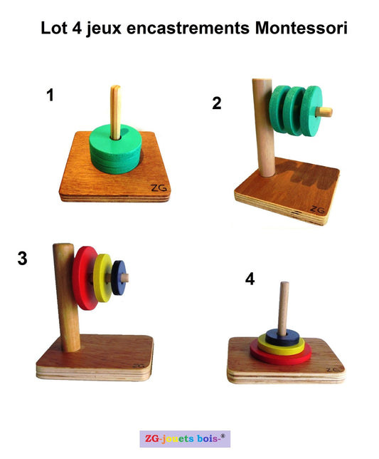 lot 4 jeux encastrements palets montessori, premier âge, nido, 4 difficultés croissantes, 2 jeux même diamètres verts et 2 jeux diamètres différents rouge bleu jaune, fabrication artisanale française ZG-jouetsbois