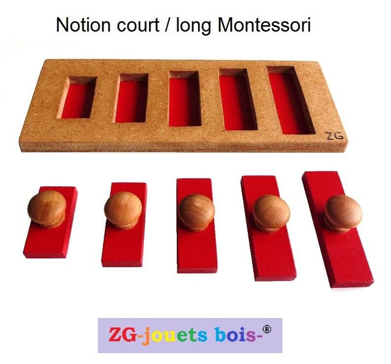 puzzle encastrement notion court long pédagogie montessori, jeux nido premier âge, rouge, fabrication exclusive artisanale française ZG-jouetsbois-