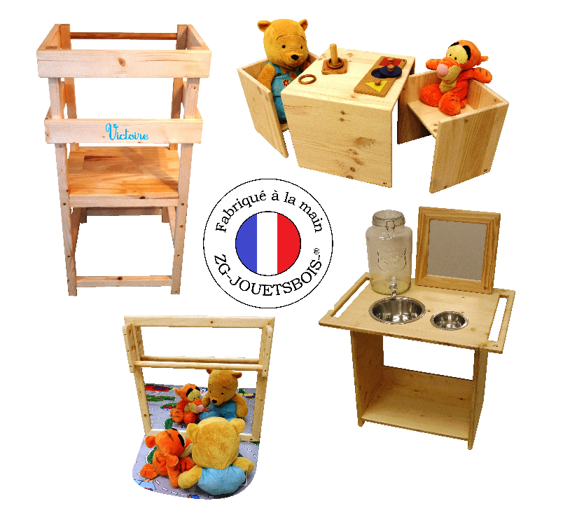 Gamme de mobilier adapté à l'enfant, pédagogie Montessori, miroir avec barre de préhension, chaises et tables cubes, tours d'observation, étagère NIDO, fabrication artisanale française ZG-jouetsbois-