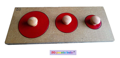 puzze montessori 3 cercles rouges, encastrement premier âge nido, fabrication artisanale française ZG-jouetsbois-