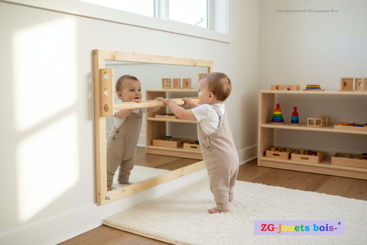 bébé utilisant le miroir horizontal sur mesure en crèche