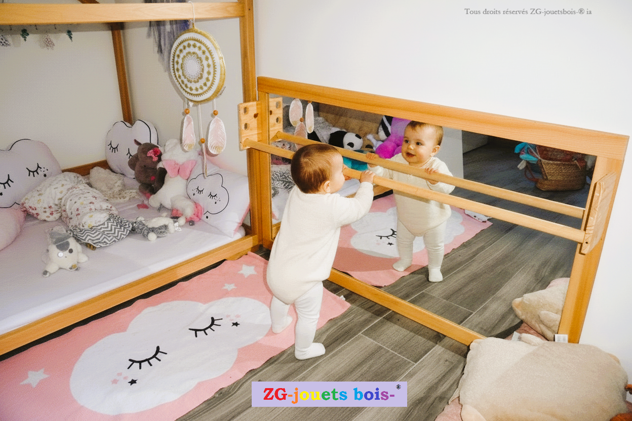 bébé fille 1 an regardant son reflet dans grand miroir montessori incassable zg-jouetsbois- fabriqué en france