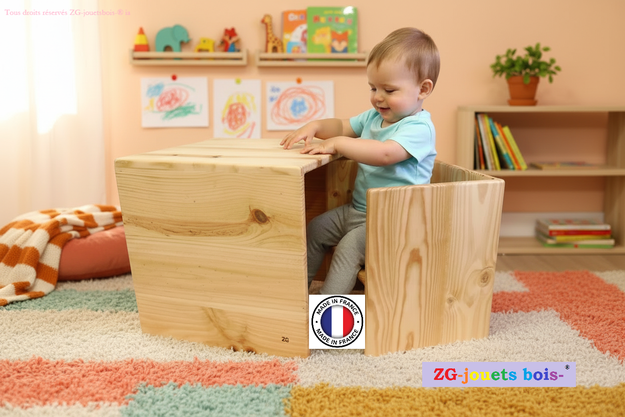 chaise et table cube evolutive montessori avec bébé l'utilisant 