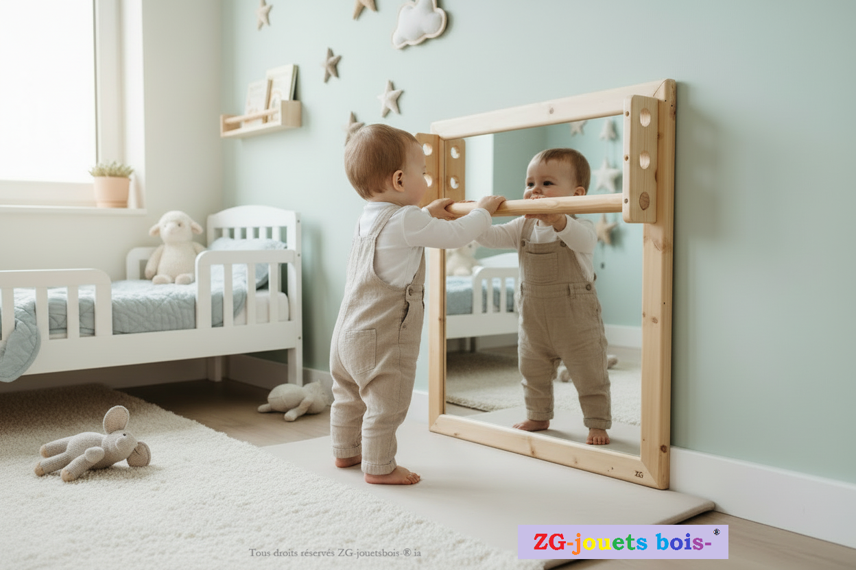 bebe debout devant miroir montessori avec barre de prehension