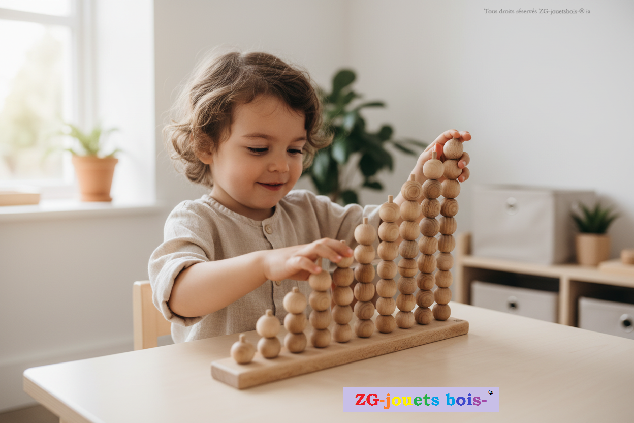enfant travaille avec boulier montessori en hetre naturel 