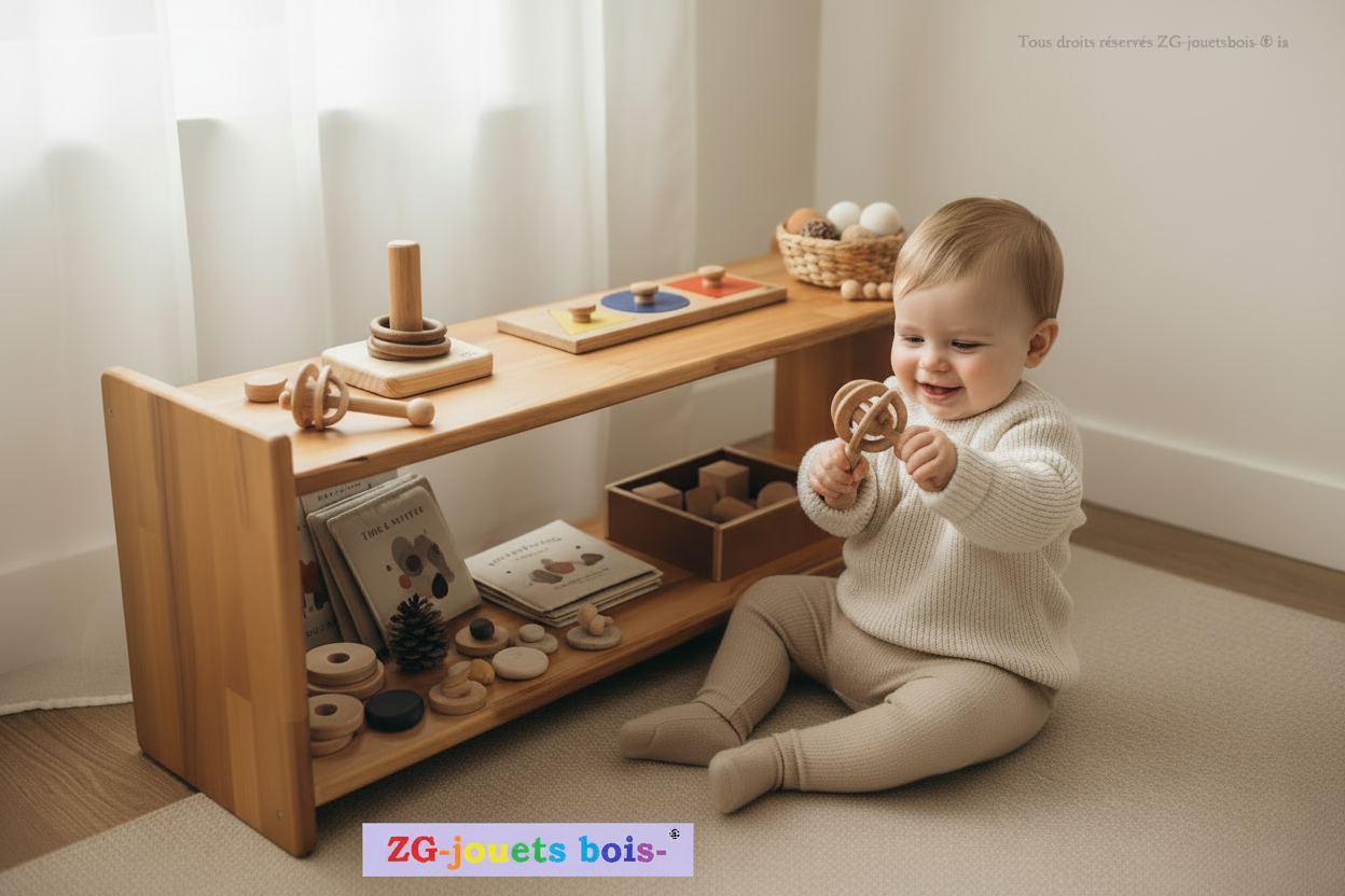 etagere nido montessori avec bebe tenant un hochet