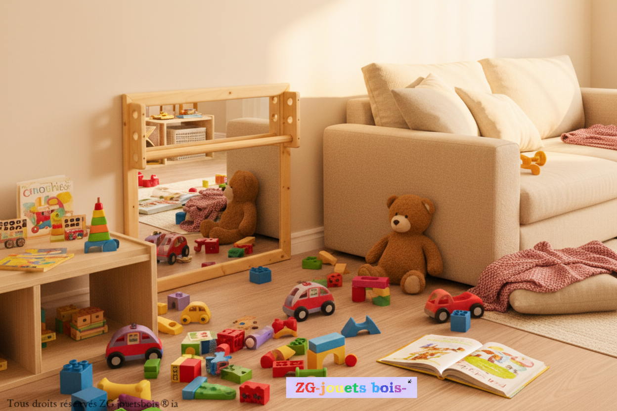 Miroir carré Montessori incassable et artisanal dans salon lumineux