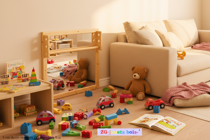 Miroir carré Montessori incassable et artisanal dans salon lumineux