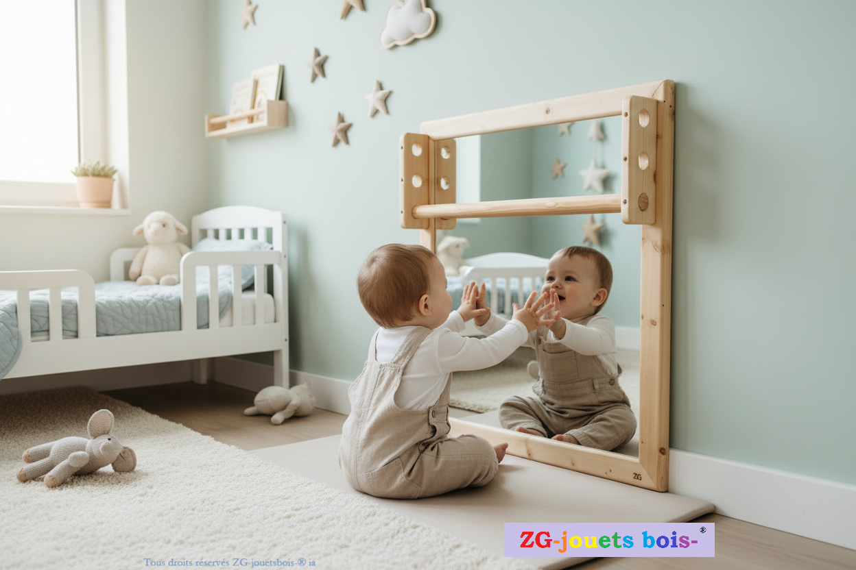 miroir montessori 65x65 avec bebe assis devant