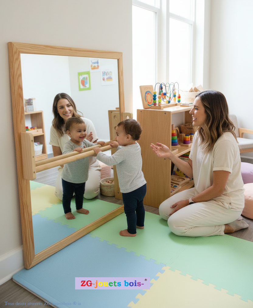miroir vertical montessori avec bébé debout à la barre et son accompagnante en crèche professionnelle