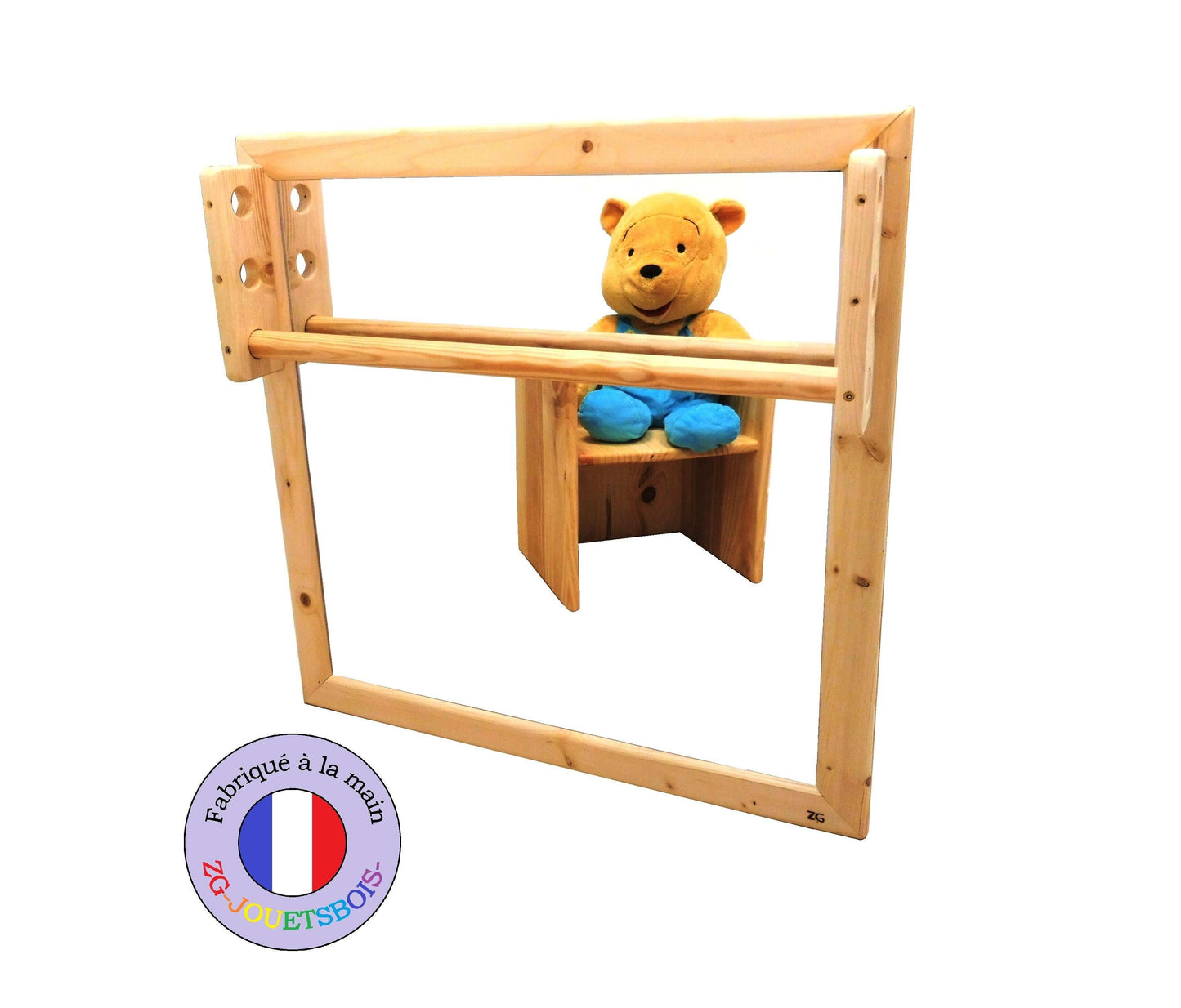 Miroir Montessori 65x65 cm, incassable, avec barre de préhension réglable fabrication artisanale française