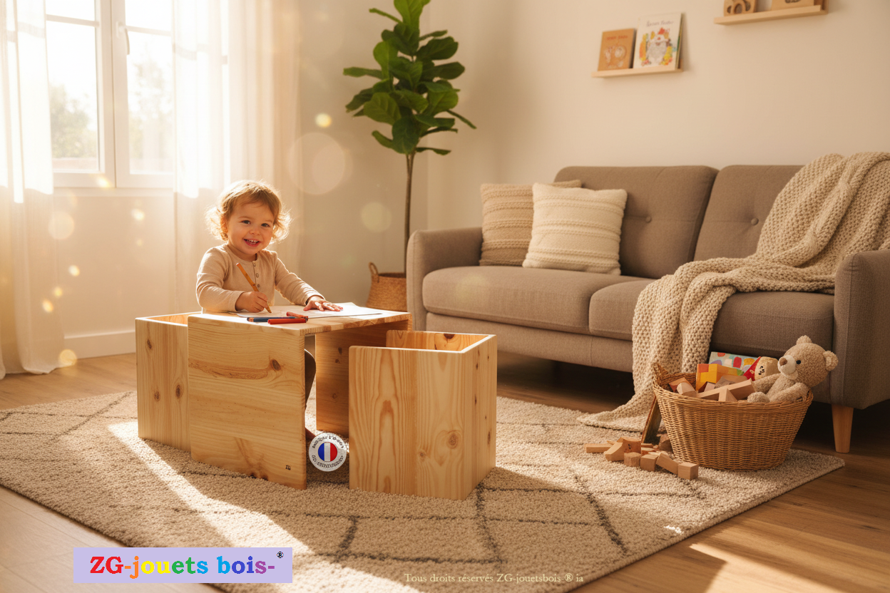 lot table et 2 chaises evolutives montessori en bois, produit artisanal