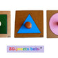 lot 3 puzzles a forme unique, pédagogie montessori, premier encastrement nido, carré vert, triangle bleu, gros cercle rose, fabrication artisanale française ZG-jouetsbois-