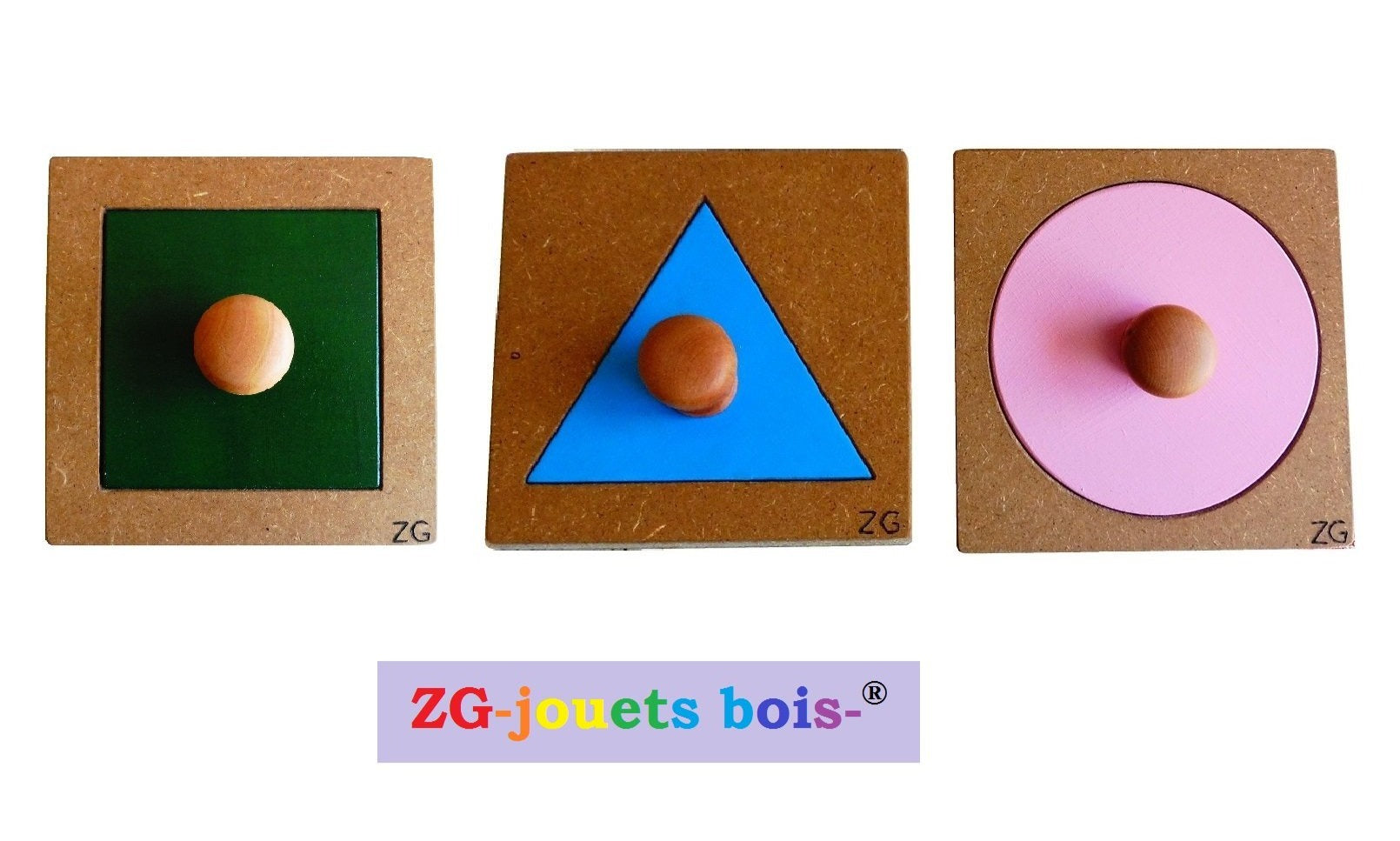 lot 3 puzzles a forme unique, pédagogie montessori, premier encastrement nido, carré vert, triangle bleu, gros cercle rose, fabrication artisanale française ZG-jouetsbois-