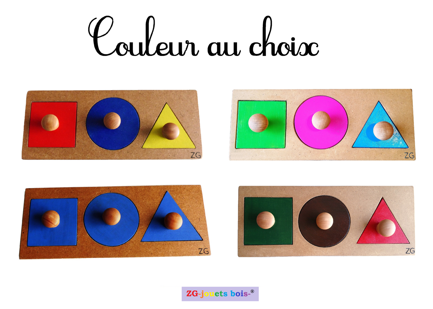 puzzle encastrement trois formes, couleur au choix, pédagogie montessori, premier âge, nido, fabrication artisanale française ZG-jouetsbois-