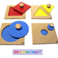 lot 4 puzzles a forme unique, pédagogie montessori, encastrement premier âge nido, carré rouge, triangle jaune, gros et petit cercles bleus, fabrication artisanale française ZG-jouetsbois-