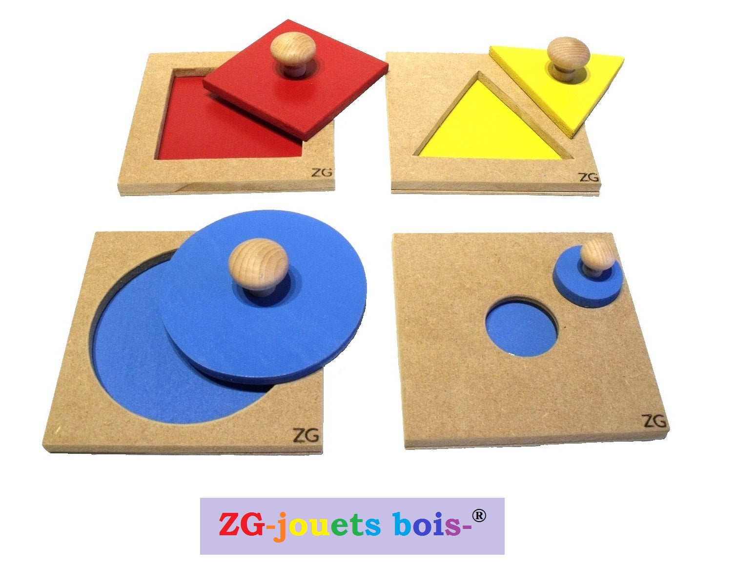 lot 4 puzzles a forme unique, pédagogie montessori, encastrement premier âge nido, carré rouge, triangle jaune, gros et petit cercles bleus, fabrication artisanale française ZG-jouetsbois-