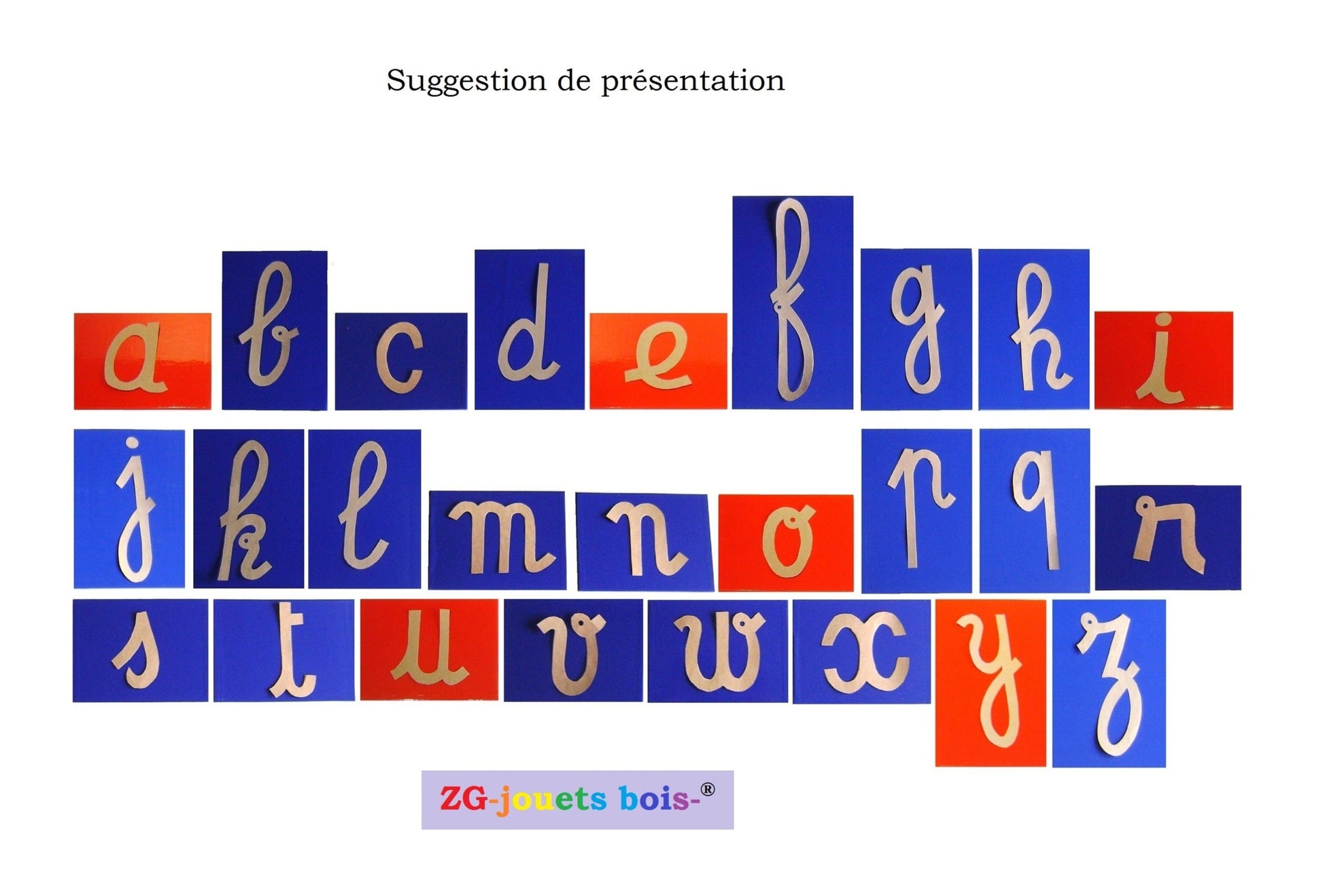 suggestion de présentation lettres rugueuses montessori cursives voyelles rouges consonnes bleues réalisation ZG-jouetsbois-