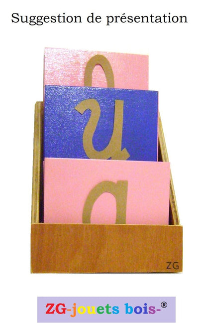 Boite de rangement pour lettres rugueuses CURSIVES MINUSCULES Montessori, fabrication artisanale française ZG-jouetsbois-