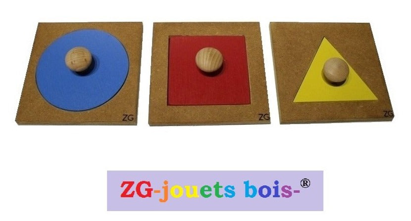 lot 3 puzzles a forme unique, pédagogie montessori, premier encastrement nido, carré rouge, triangle jaune, gros cercle bleu, fabrication artisanale française ZG-jouetsbois-