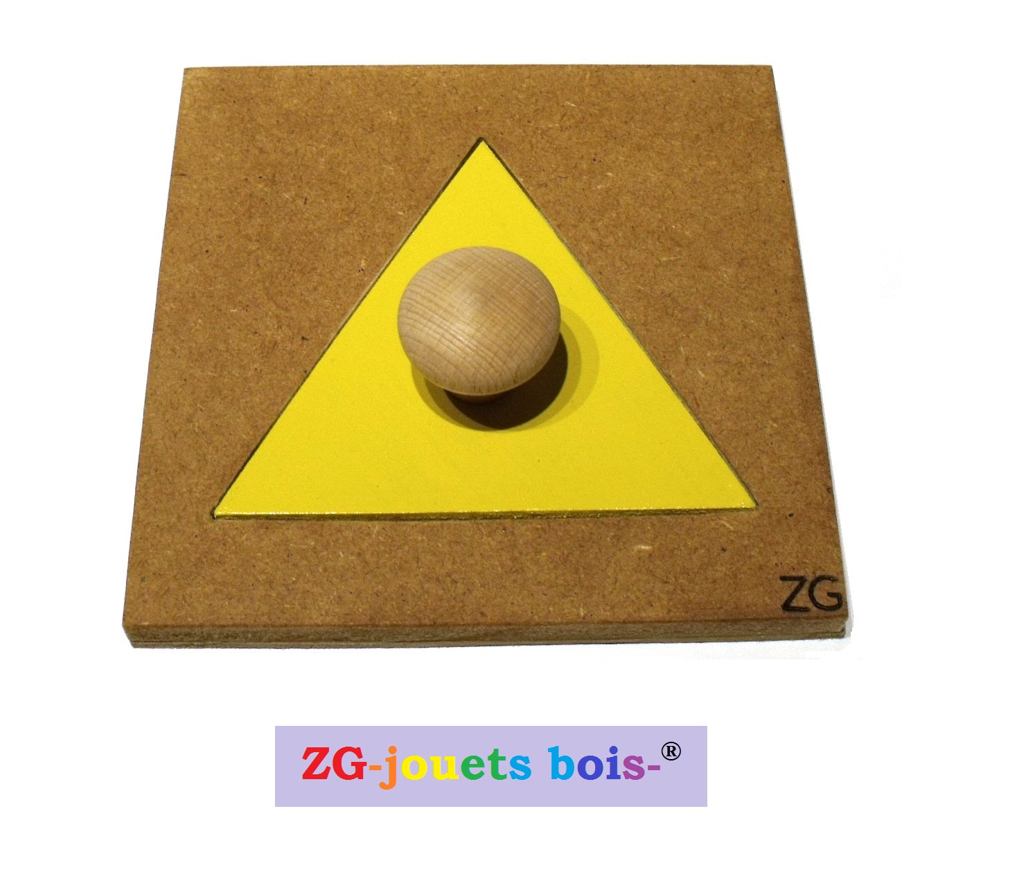 puzzle à forme unique, gros triangle jaune, encastrement nido montessori, fabrication artisanale française ZG-jouetsbois-