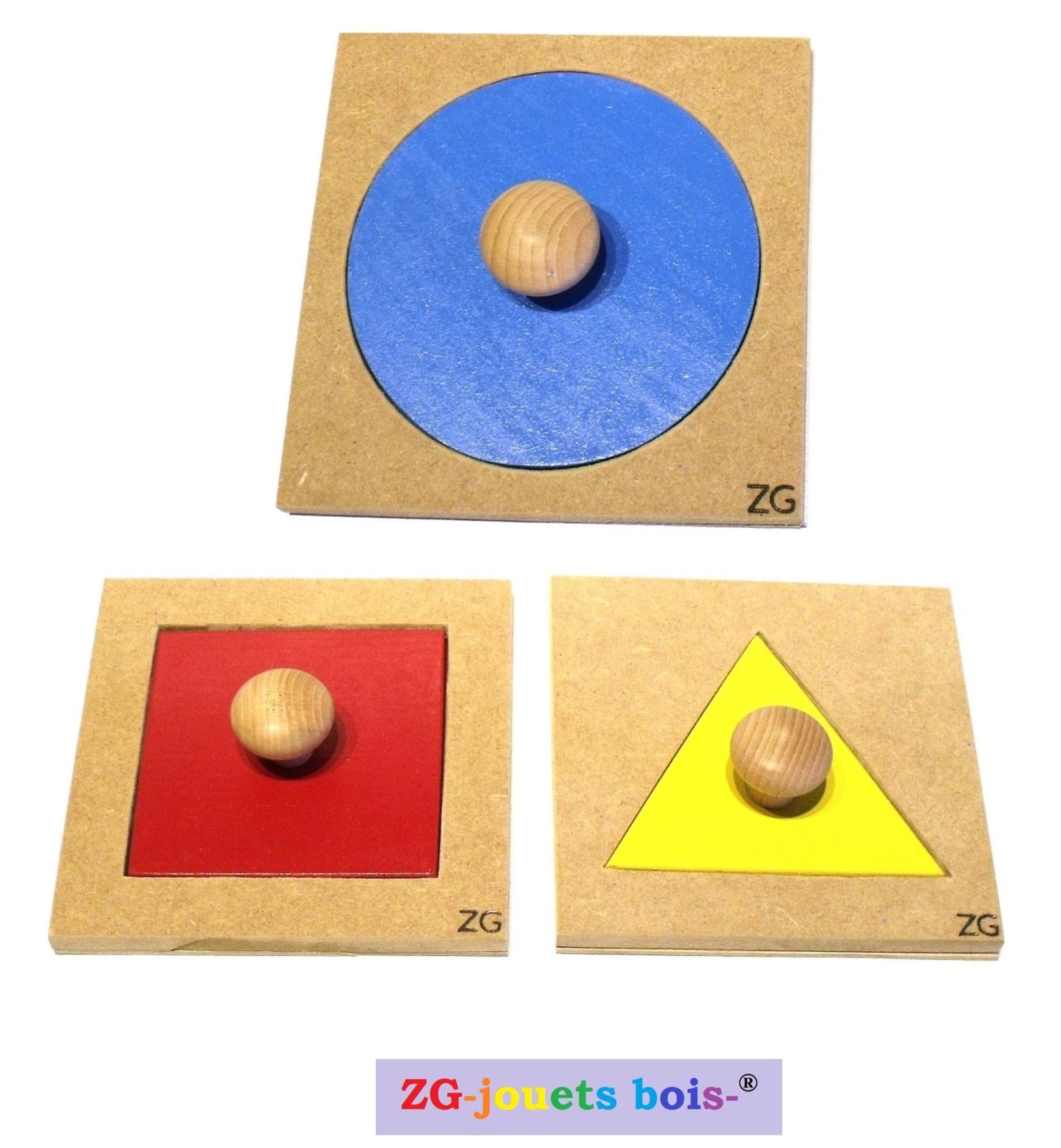 lot 3 puzzles a forme unique, pédagogie montessori, premier encastrement nido, carré rouge, triangle jaune, gros cercle bleu, fabrication artisanale française ZG-jouetsbois-