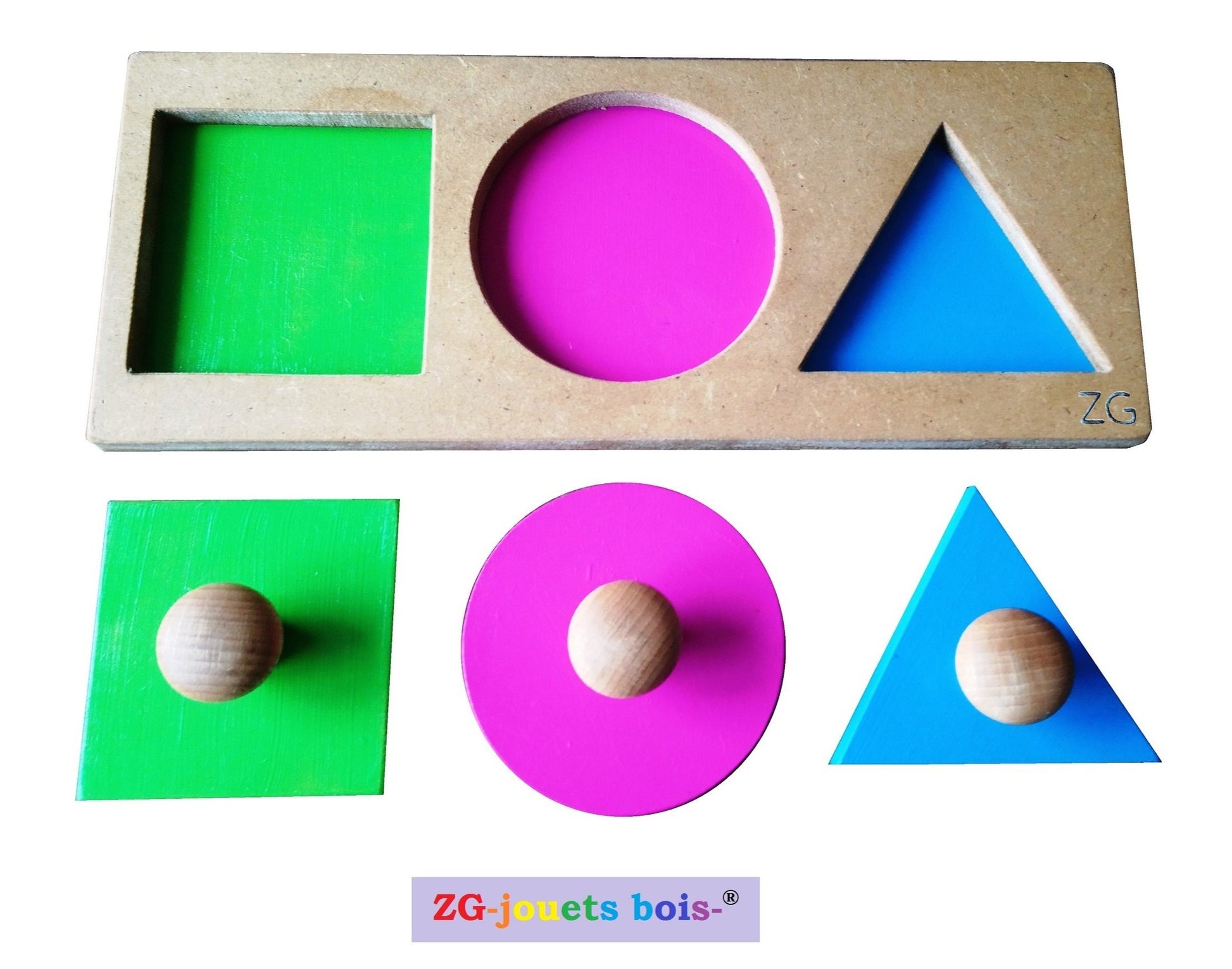 puzzle encastrement trois formes, couleurs vives rose vert turquoise, pédagogie montessori, premier âge, nido, fabrication artisanale française ZG-jouetsbois-