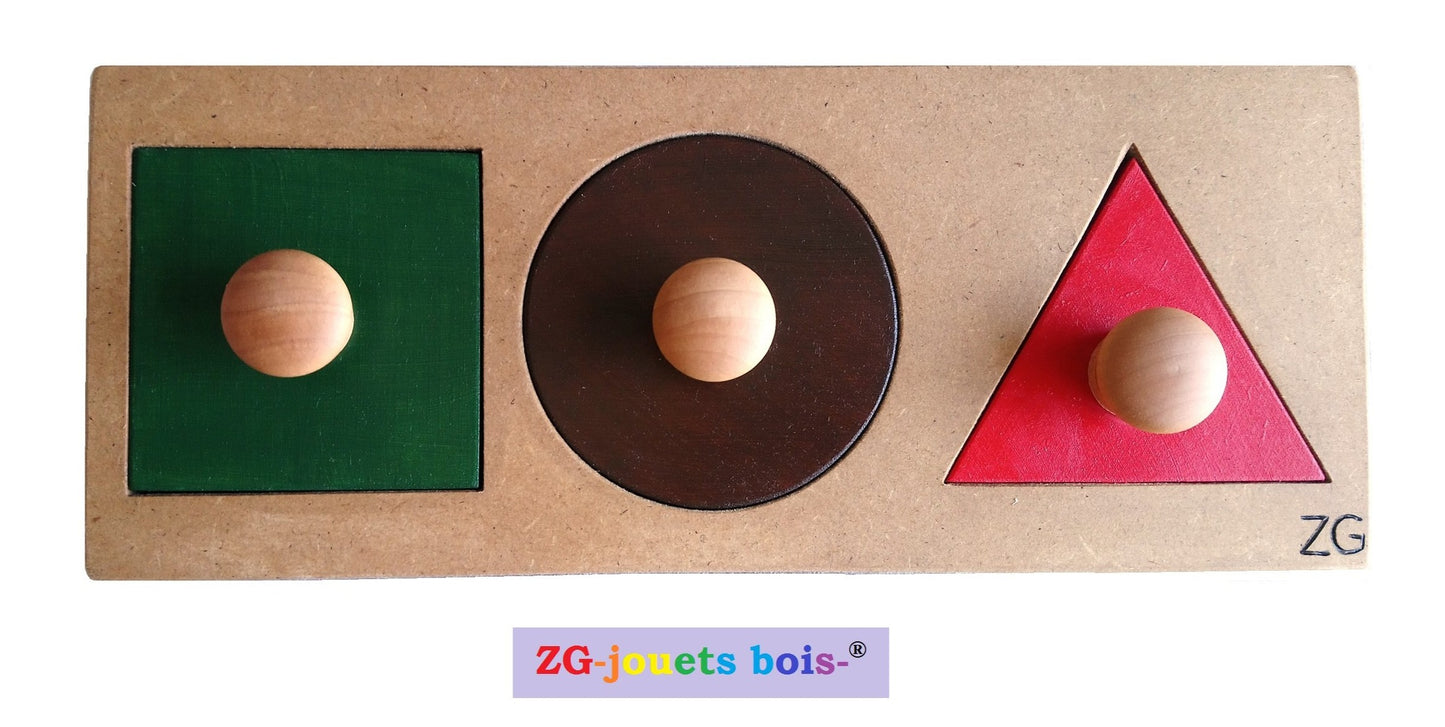 puzzle encastrement trois formes, rouge vert marron, pédagogie montessori, premier âge, nido, fabrication artisanale française ZG-jouetsbois-