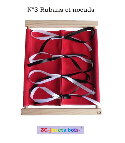 choix 3 cadre entrainement rubans et noeuds, pédagogie montessori, artisanal, français 