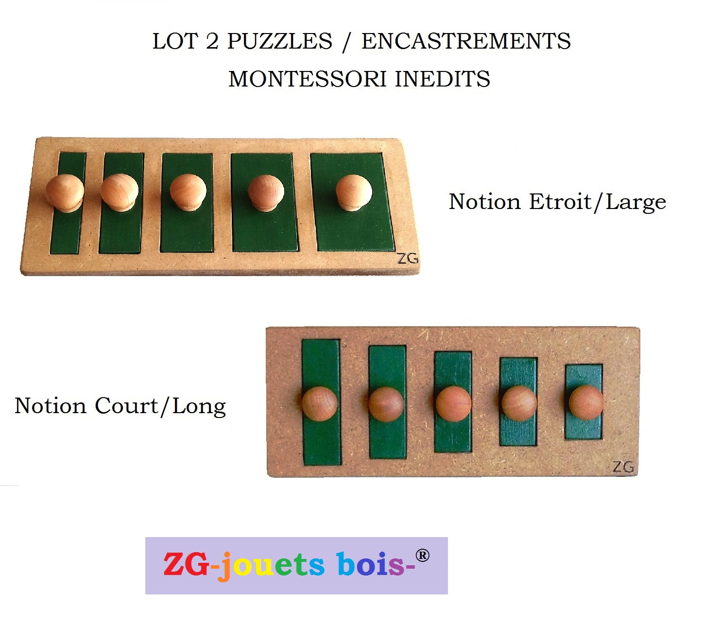 lot 2 Puzzle encastrement premier âge nido montessori, notion court long et étroit large vert fabrication inédite française et artisanale par ZG-jouetsbois-