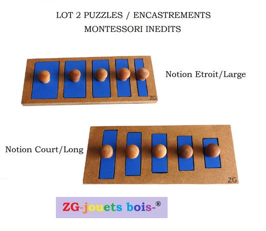 lot 2 Puzzle encastrement premier âge nido montessori, notion court long et étroit large bleu fabrication inédite française et artisanale par ZG-jouetsbois-