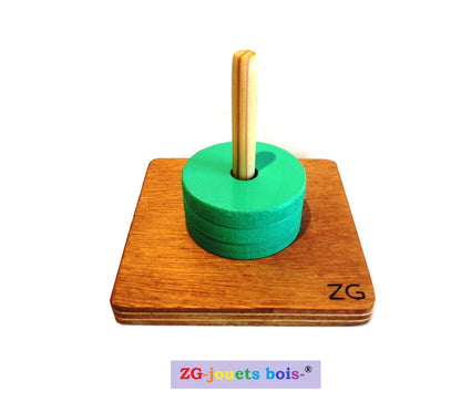 jeu premier âge, nido montessori, encastrement palets même diamètre sur tige verticale, vert, réalisation artisanale française par ZG-jouetsbois-